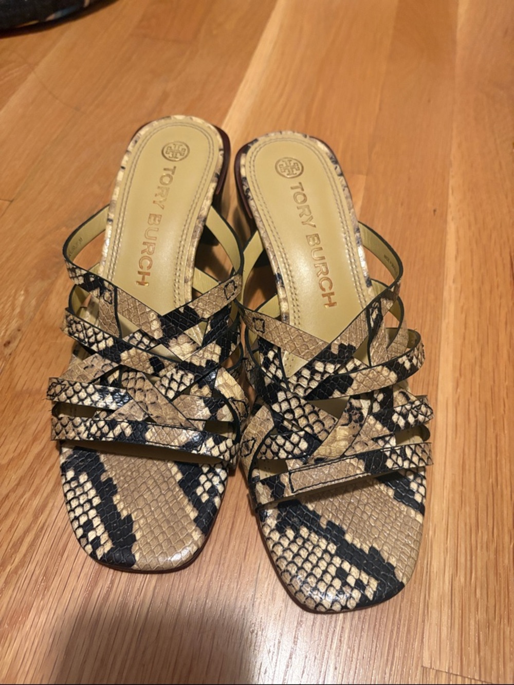 Tory Burch Black and Beige Snake-Print Strappy Slide Mules